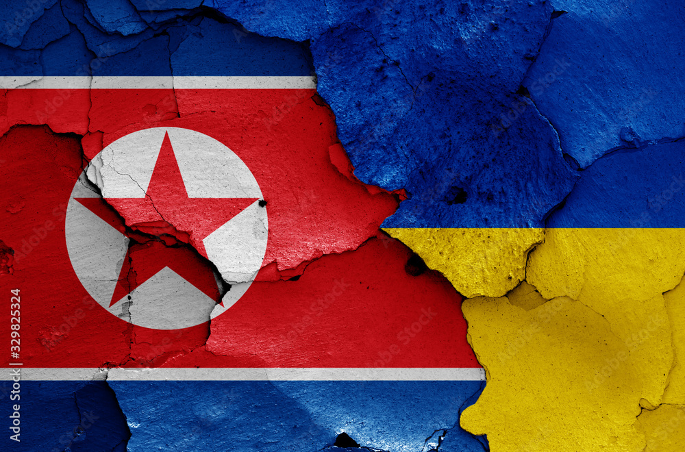flags of North Korea and Ukraine painted on cracked wall