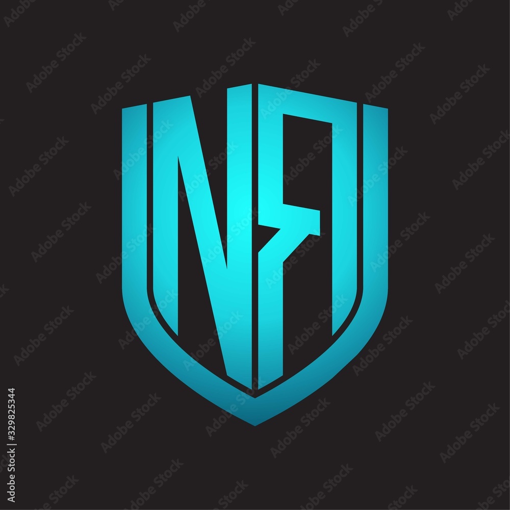 NR Logo monogram with emblem shield design isolated with blue colors on black background NR Logo monogram with emblem shield design isolated with blue colors on black background