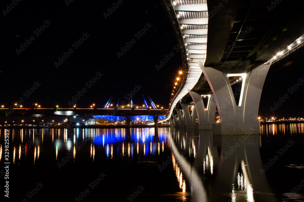 bridge with lights at night Finnish bay