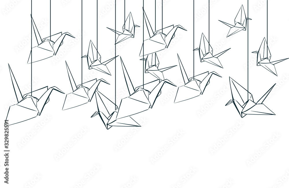 Fototapeta paper cranes origami japanese chinese oriental vector ink style design elements illustration