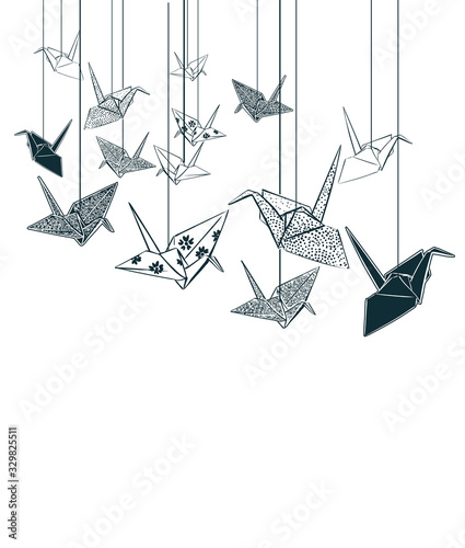paper cranes origami japanese chinese oriental vector ink style design elements illustration