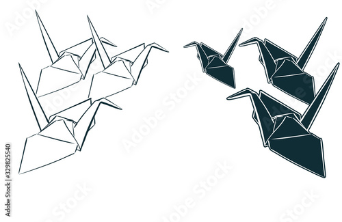 paper cranes origami japanese chinese oriental vector ink style design elements illustration