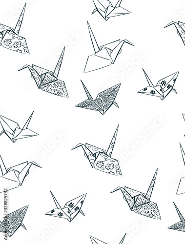 paper cranes origami seamless pattern japanese chinese oriental vector ink style design elements illustration
