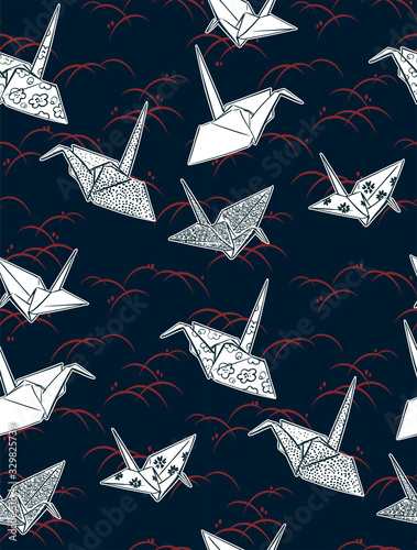 paper cranes origami seamless pattern japanese chinese oriental vector ink style design elements illustration
