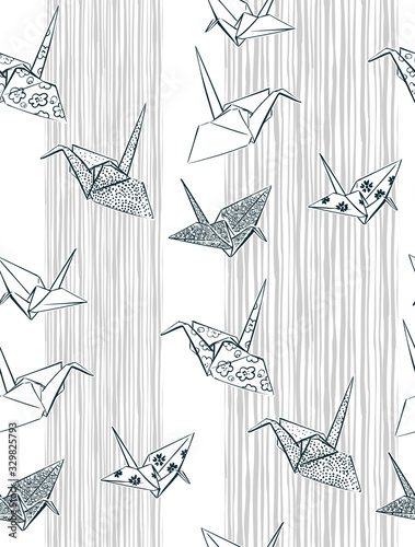 paper cranes origami seamless pattern japanese chinese oriental vector ink style design elements illustration