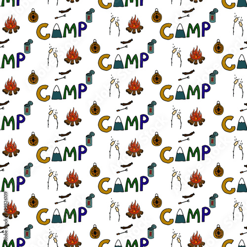 Hiking and Camping Seamless Pattern in Line Style. Outdoor Camp Adventure Theme. Vector illustration. Background. Hiking Print © Elena Mykhailenko