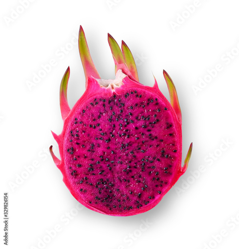 Fresh red dragon fruit, sliced in half on a white background