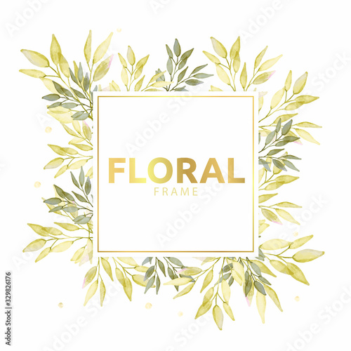 Floral frame design with Gold watercolor flowers