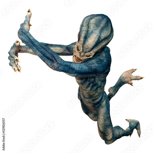 3D Rendering Blue Alien on White