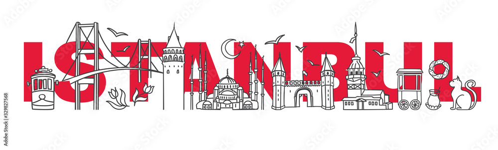 Vector illustration Symbols of Istanbul, Turkey. Galata and Maiden tower, Blue Mosque, bridge and other Turkish landmarks with the city name behind. Travel design for souvenir print and tour promotion