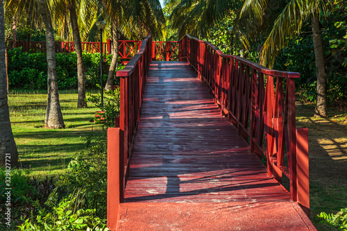 Red wooden walkway bridge through a beautiful park 
