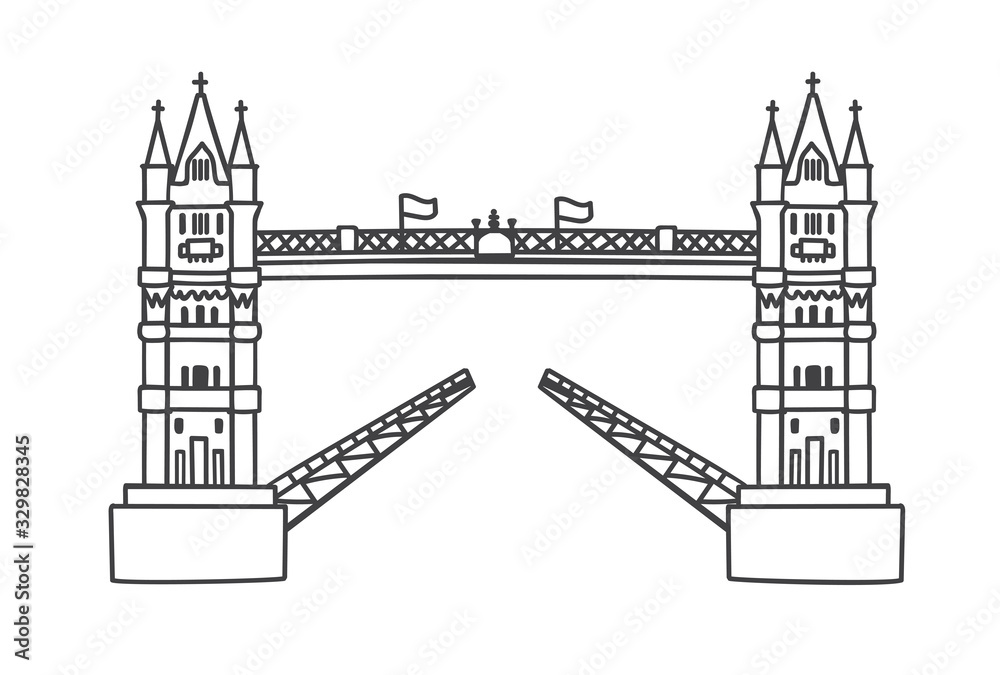 Vector outline illustration the Tower Bridge in London, the UK. Famous British landmark in trendy line style. Hand drawn doodle object isolated on white background.