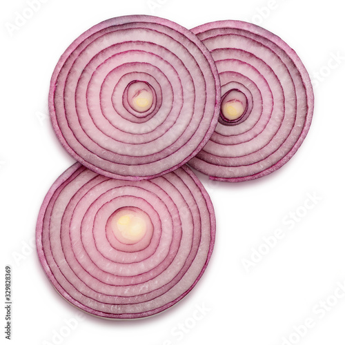 Top view on red onion circle slices