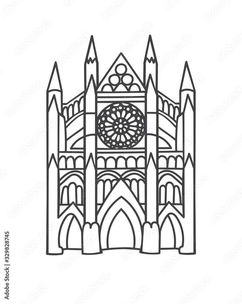 Vector outline illustration the Westminster Abbey in London, the UK. Famous British landmark in trendy minimalist line style. Hand drawn doodle object isolated on white background.