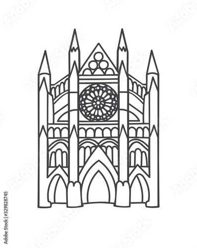Vector outline illustration the Westminster Abbey in London, the UK. Famous British landmark in trendy minimalist line style. Hand drawn doodle object isolated on white background.