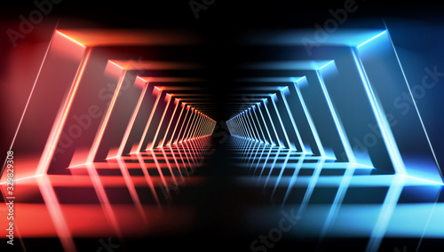 Illuminated hall. Dark room with brightly lit neon lamps. Lighting effects, show. Blue and red background. Vector illustration.