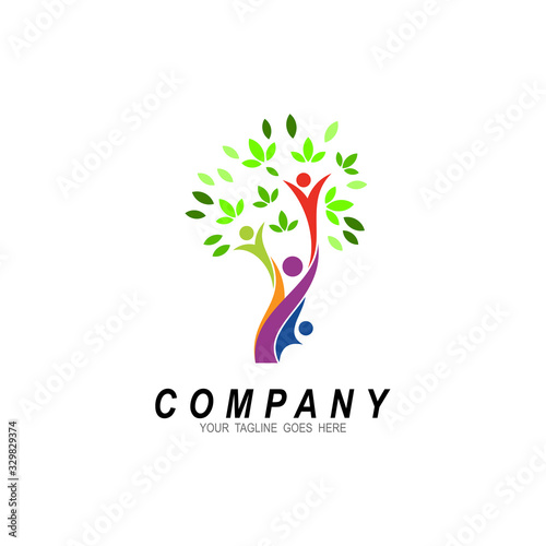 tree logo and social design template ,charity logo , leaf and human, colorful logo template