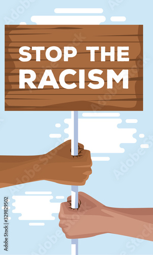 interracial hands with wooden label stop racism campaign