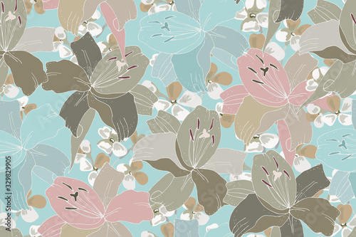 Vector floral seamless pattern. Delicate pastel lilies isolated on light blue background. For home textiles, fabric, wallpaper design, accessories, digital paper.