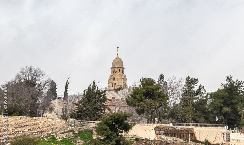 View of the old city of Jerusalem and King David Tomb from the Abu Tor district of Jerusalem city in Israel