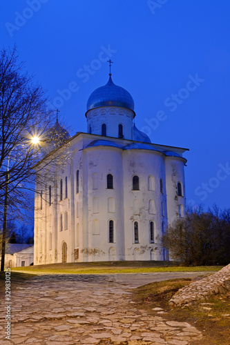 Veliky Novgorod. St. Yuriev Monastery. St. George's Cathedral. Evening view. Orthodox Church