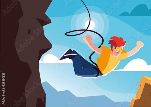 man jumping off with a rope, extreme sport