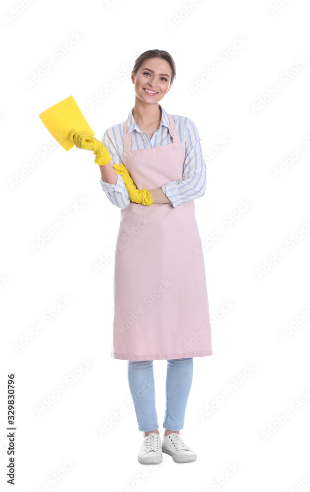 Young chambermaid with rag on white background Young chambermaid with rag on white background
