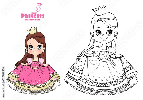 Cute princess in lush dress outlined and color for coloring book