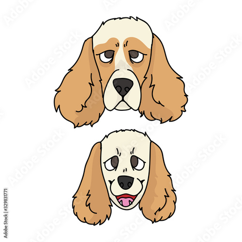 Cute cartoon cocker spaniel dog and puppy faces vector clipart. Pedigree kennel doggie breed for dog lovers. Purebred domestic pet parlor illustration mascot. Isolated canine English hunting breed. 