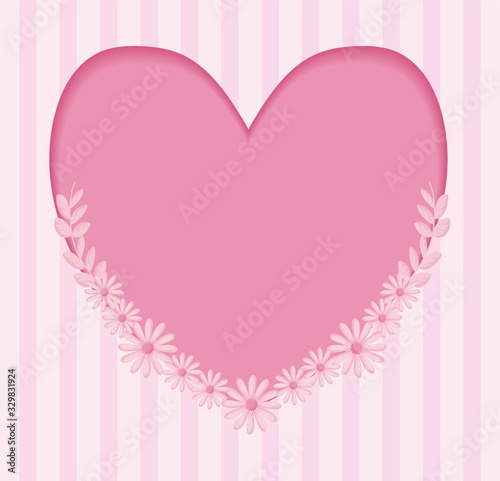 card template of pink heart with decorative flowers over striped background