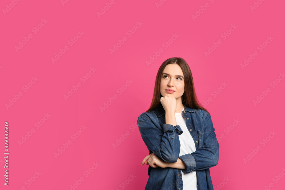 Pensive woman on pink background, space for text. Thinking about answer to question Pensive woman on pink background, space for text. Thinking about answer to question