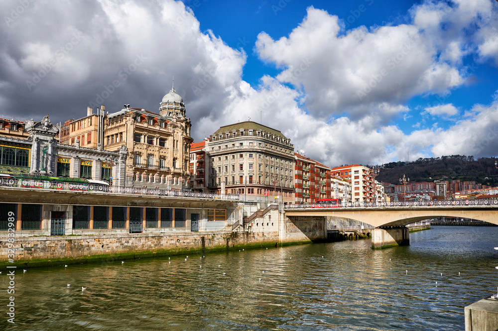 Nervion River and La Concordia Railway Station, Bilbao, Biscay, Basque Country, Euskadi, Euskal Herria, Spain, Europe