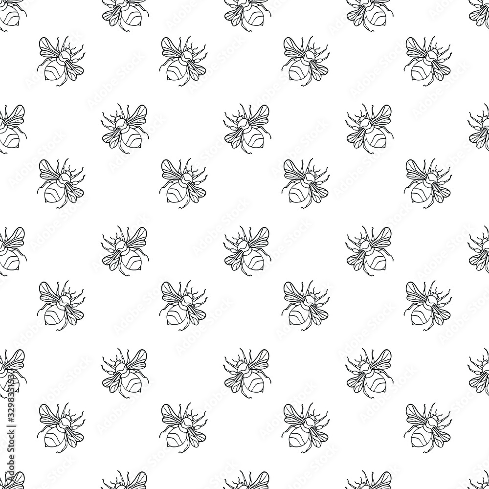 Insects linear pattern - vector seamless texture or background with bugs and beetles in thin line style