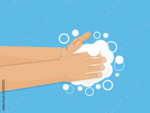 Hands under falling water out of tap. Man washes hands. Flat style