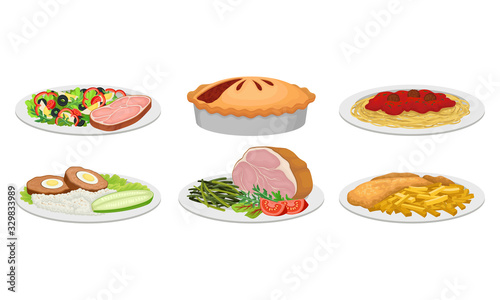 Meat Dishes and Courses Served on Plates with Meat Loaf and Pasta Vector Set
