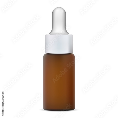 Essential oil bottle. Dropper vial for serum essence. Organic herb beauty brown flask with eyedropper cap. Realistic amber glass pharmacy container for liquid medicine treatment
