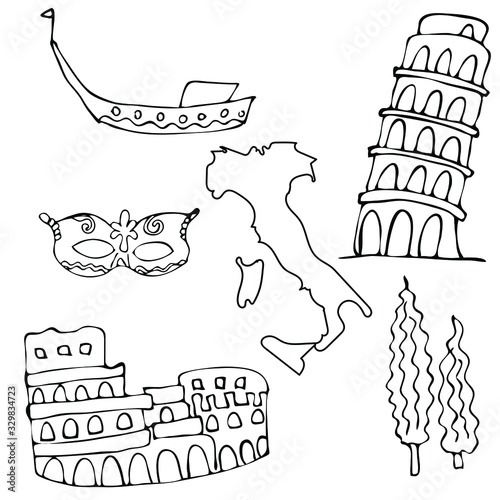 Hand drawn Italy symbols and landmarks set. Travel collection.