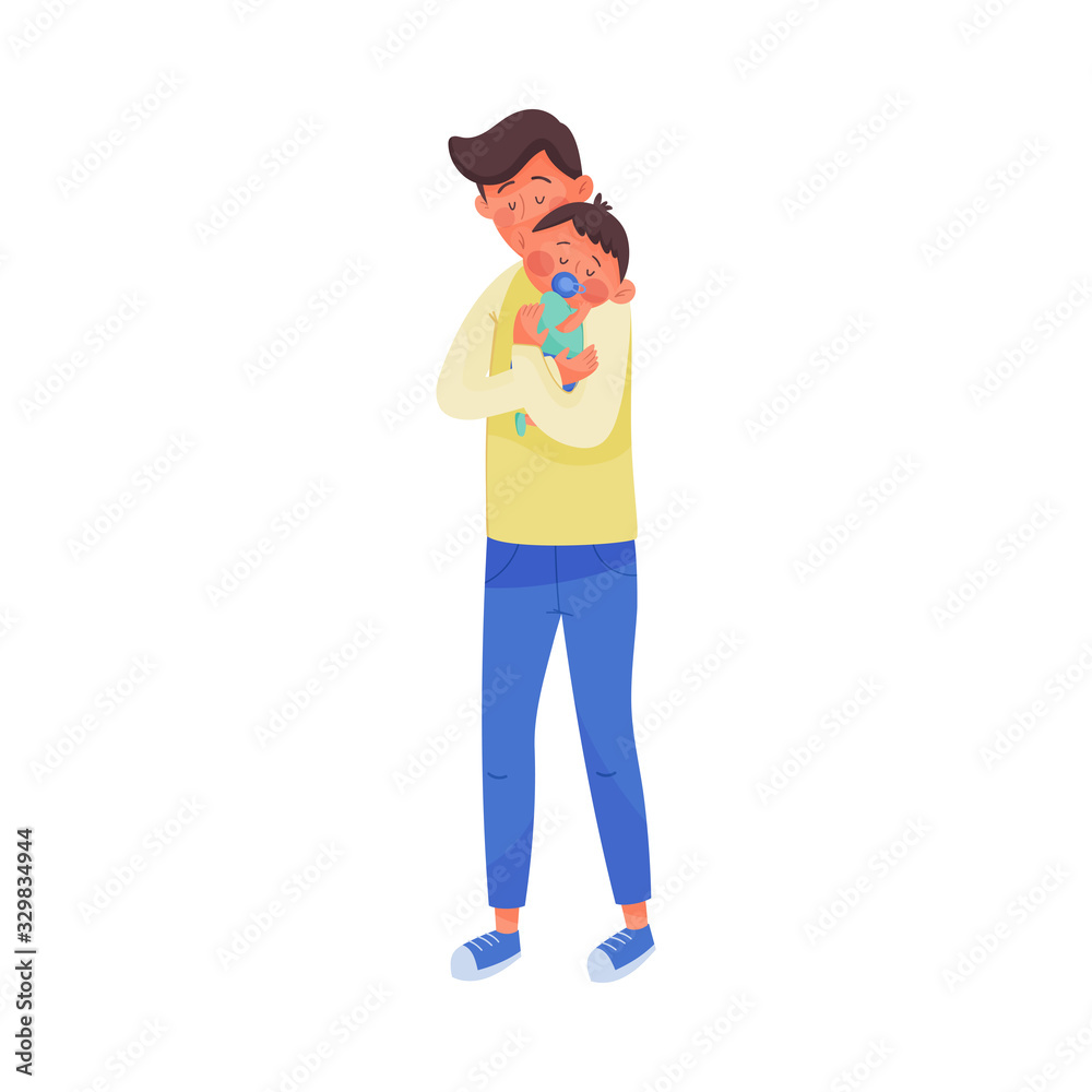 Young Man Rocking Child in His Arms Vector Illustration. Dad Nursing His Kid Young Man Rocking Child in His Arms Vector Illustration. Dad Nursing His Kid