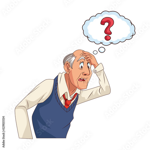 old grandfather with interrogation symbol in speech bubble