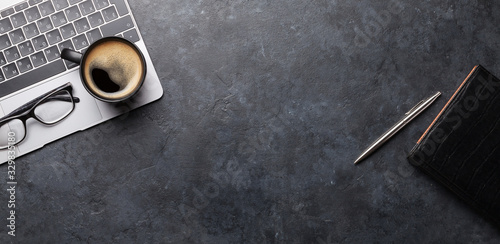 Office desk table with laptop and coffee