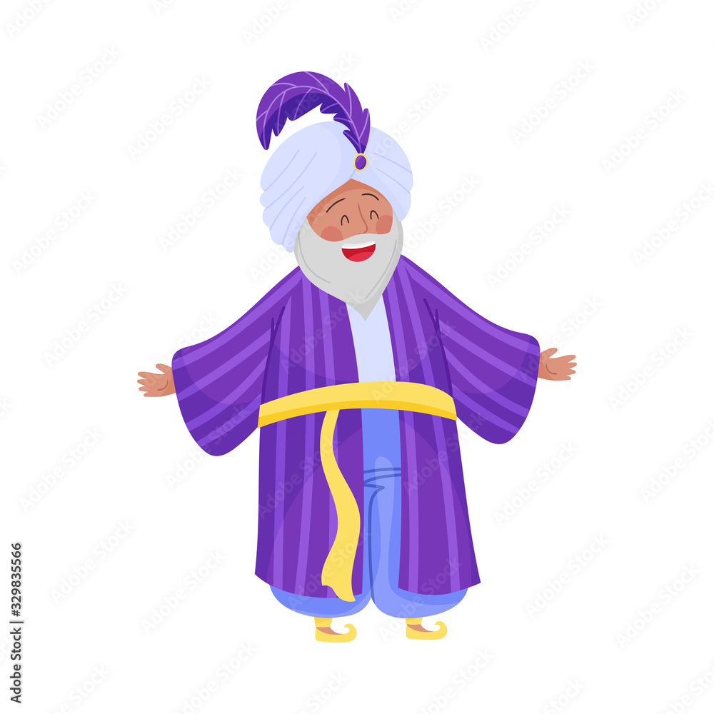 Senior Bearded Sultan Character in Turban with Feather Wearing East Clothing Vector Illustration