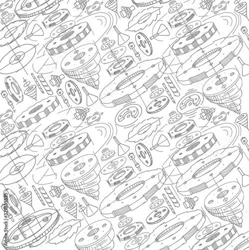 Spare parts pattern. Gears wheels background. Sketch hand drawn. On white background. Design drawing. Vector.