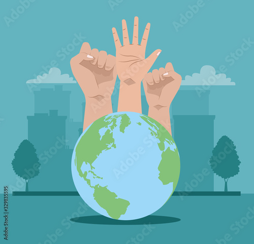 activists hands human protesting with world planet