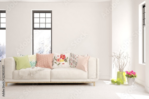 Modern living room in white color with sofa. Scandinavian interior design. 3D illustration