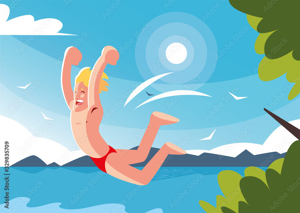 man jumping to the swimming pool with background landscape