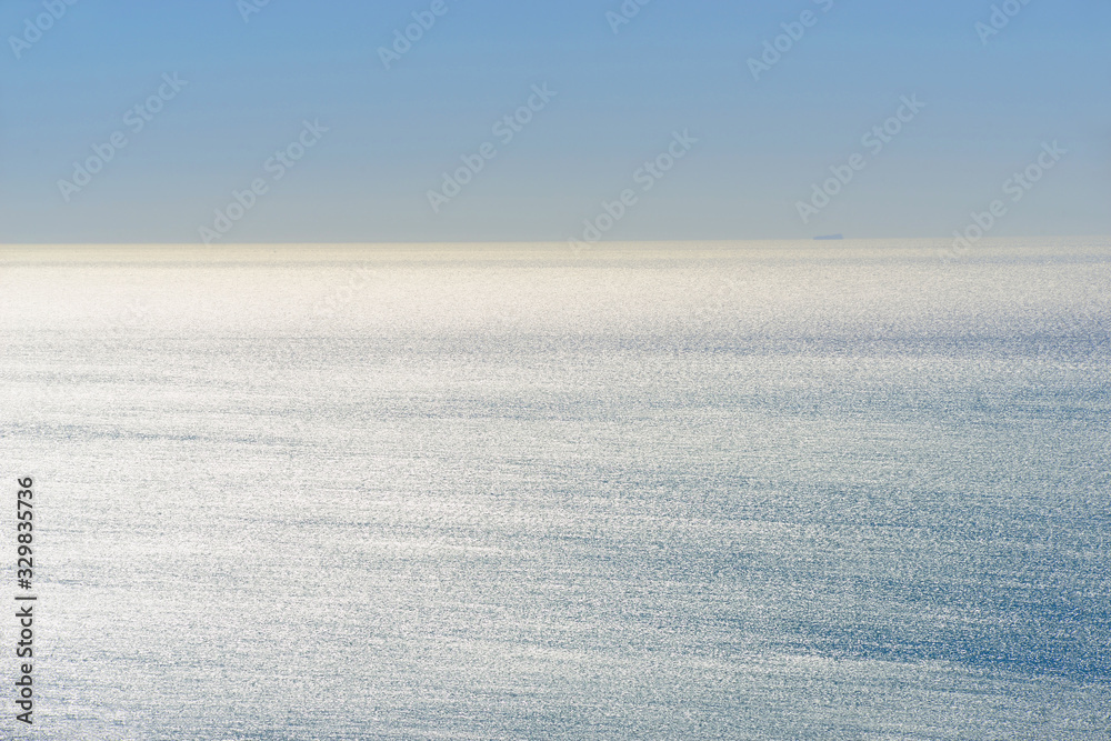 Malaga, Spain - March 4, 2020: Landscape of the Mediterranean Sea seen from a high point in the city of Malaga. Malaga, Spain - March 4, 2020: Landscape of the Mediterranean Sea seen from a high point in the city of Malaga.
