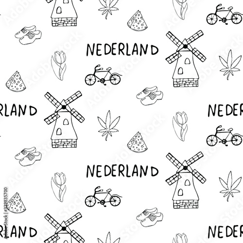 Nederland's icons seamless pattern. Sketch vector illustration, doodle elements, Isolated Nederland's national elements, Travel to Nederland's pattern for cards and web pages