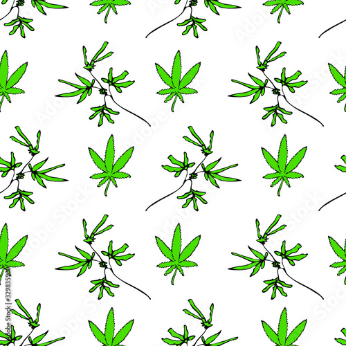 Stylish vector pattern. Flowering bushes of cannabis. Organic marijuana for medicine and relaxation. Isolated green herb on a white background.