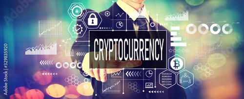 Cryptocurrency theme with a businessman on a shiny background photo