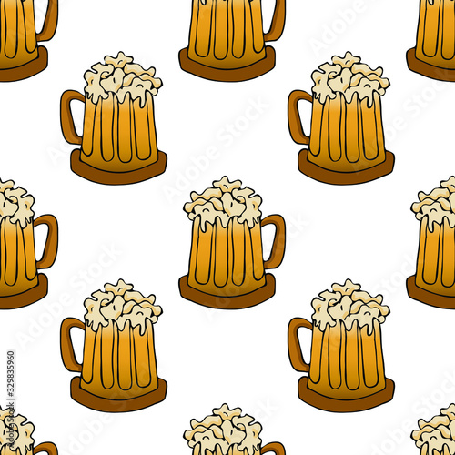 Beer mug seamless pattern. Full beer glasses with foam backdrop. Engraving style. Alcoholic beverage design. Design for fabric, textile print, wrapping paper. Vector illustration